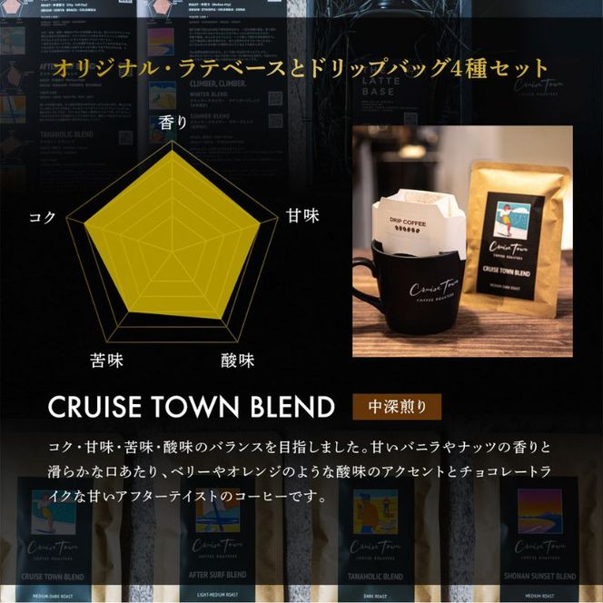 3ヵ月定期便【茅ヶ崎のスペシャルティコーヒー専門ロースター】CRUISE TOWN COFFEE ROASTERS オリジナル・ラテベースとドリップバッグ4種セット 飲料 コーヒー豆 ナッツの香り 優しい酸味 コク 