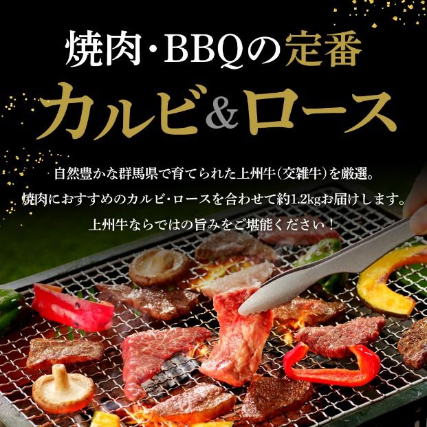 上州牛カルビロース満足セット1.2kg(各600g×2パック)群馬県 千代田町  国産 牛肉 ブランド牛 精肉 肉 お肉 焼肉 バーベキュー BBQ キャンプ アウトドア 食べ比べ 食品 冷凍便 グルメ お取り寄せ グルメ 送料無料 