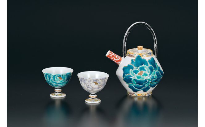 酒器揃　碧紫牡丹図　佐藤剛志 民芸品 工芸品 雑貨 日用品 徳利 お猪口 鮮やか 172111_CY3098