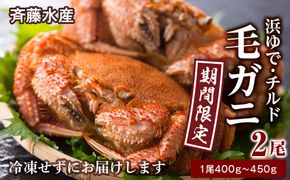★期間限定★ 浜ゆで！毛ガニ 約400g～450g×2尾 チルド配送 7/17~7/30発送【斉藤水産】 北海道 冷蔵 チルド 毛蟹 カニ かに 白老 前浜