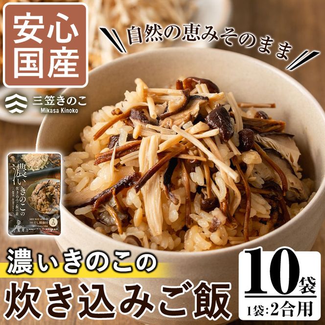 国産のえのきやきのこ使用！濃いきのこの炊き込みご飯の素(2合用×10袋) 国産 だし醤油 きのこご飯 椎茸 しいたけ 【三笠えのき茸生産組合】akn010-17