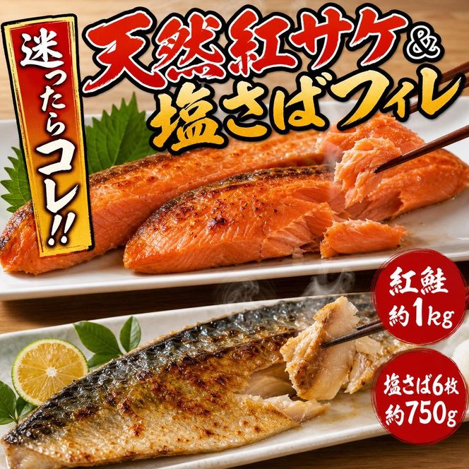 迷ったらコレ！！魚鶴の天然紅サケ1kg & 塩さばフィレ6枚セット◇