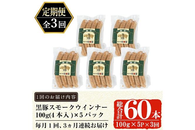 a878 《定期便全3回》鹿児島黒豚「短鼻豚」無添加スモークウインナー計60本(20本×3回)【鹿児島ますや】姶良市 ウインナー ウィンナー 無添加 おつまみ 冷凍 黒豚 スモーク おかず