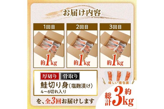 【定期便・全3回(連続)】厚切り 骨なし 塩麹 漬け 鮭切身(総計約3kg・1kg×3回) 皮付き 鮭 小分け 真空包装 骨とり 骨取り済 カット済 簡単 魚 冷凍 お弁当 【AW-145】【丸正水産】
