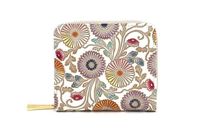 【文庫屋大関】二つ折りファスナーミニ財布 更紗菊【皮革工芸品】財布 二つ折り 小物 お札 カード 小銭 コンパクト 牛革 手作り 日本製 墨田区 東京都