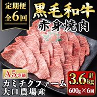 isa849 【定期便6回】鹿児島県(カミチクファーム 大口農場)産 黒毛和牛赤身焼肉(計3.6kg) 黒毛和牛 赤身 焼肉 和牛 国産牛 高級肉 A5 ランク 雌牛 牛肉 焼肉用 BBQ バーベキュー アウトドア キャンプ 高タンパク 冷凍 小分け 【お肉の直売所 伊佐店】