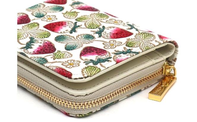 【文庫屋大関】二つ折りファスナーミニ財布 いちご【皮革工芸品】財布 二つ折り 小物 お札 カード 小銭 コンパクト 牛革 手作り 日本製 墨田区 東京都