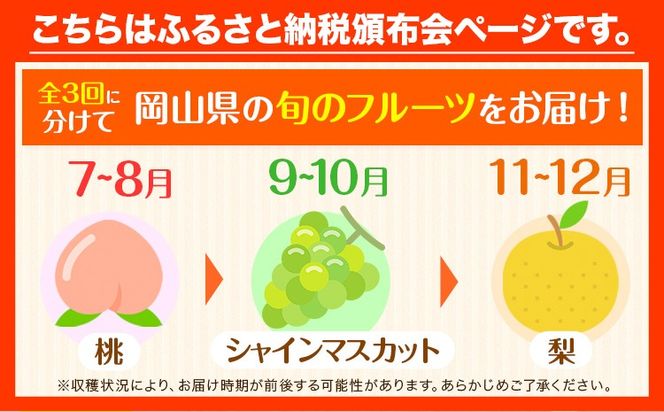岡山県 旬のフルーツ定期便 全3回 桃 約1.3kg(4～8玉前後) シャインマスカット 約1.3kg (2房) 旬の梨 約1.8kg (2～5玉前後) 訳あり《7月上旬～1月末頃出荷》優品 フルーツ 果物 ご家庭用 定期便 お取り寄せ デザート---ofn_cfrutei_26_35500_jul3---