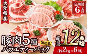＜定期便・全6回 (連続)＞ 豚肉 バラエティーパック (総量12kg・5種) 豚バラ しゃぶしゃぶ 鍋 とんかつ ロース 小分け 個包装 豚こま 小間切れ スライス ミンチ セット 詰め合わせ 冷凍 食べ比べ 国産 大分県 佐伯市【BD322】【西日本畜産】