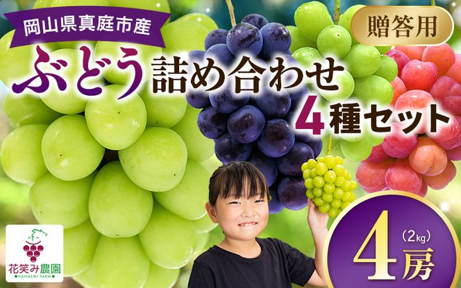 【2026年先行予約】岡山　花笑み農園のブドウ『食べ比べ４種セット』シャインマスカット入り　2kg（4房） 【hana019-02】