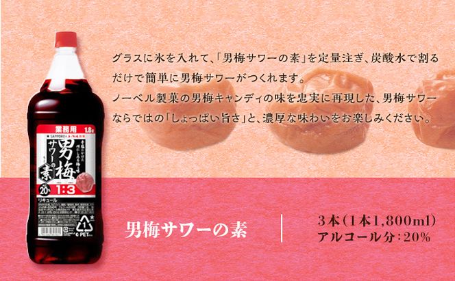 サッポロ 男梅サワー の素 3本（1本1,800ml） お酒 男梅 サワー 梅味 原液 家飲み 宅飲み 晩酌 割りもの しょっぱい旨さ 濃厚な味わい 