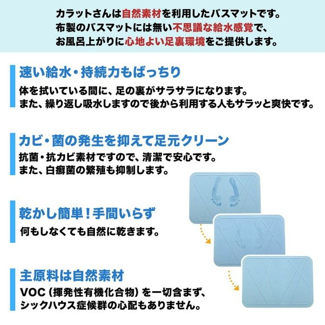 国産バスマット 湯上がり美人 カラットさん｜雑貨 日用品 自然素材 吸水 サラサラ 抗菌 抗カビ 簡単 手間いらず ※離島への配送不可