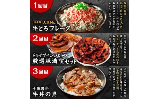 清水町3大どんぶり 食べ比べ ！ 定期便 牛とろフレーク 牛とろ 牛トロ丼 牛トロフレーク 豚丼 ご当地グルメ 牛丼 簡単調理_S999-0017