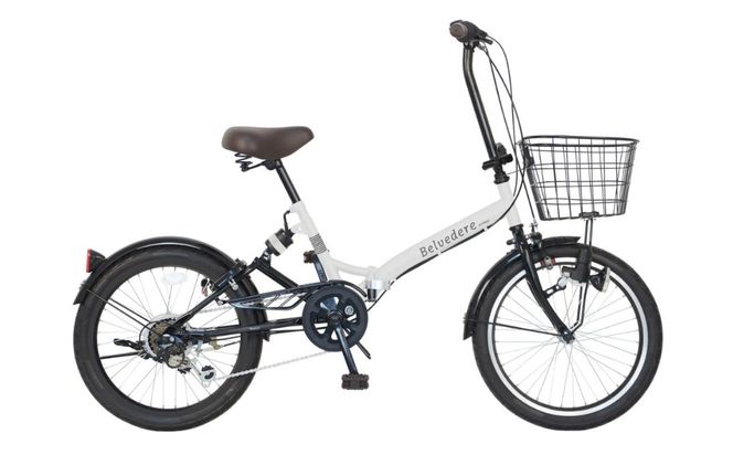 ノーパンク 折りたたみ自転車 ベルヴェデール Belvedere ホワイト 20インチ 6段変速 リアサス・前カゴ・LEDライト付｜武田産業 フォールディングバイク 人気返礼品 空気入れ不要 パンクしない 通勤 通学 三重県 四日市市 ふるさと納税