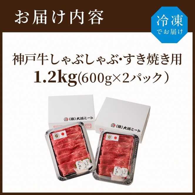 神戸牛しゃぶしゃぶ・すきやき1.2kg(600ｇ×2)《 鍋 お鍋 牛しゃぶ 牛すき すき焼き しゃぶしゃぶ 神戸牛 1.2kg  国産 送料無料 お取り寄せ 牛肉 小分けタイプ 美味しい おすすめ 》【2404A00216】