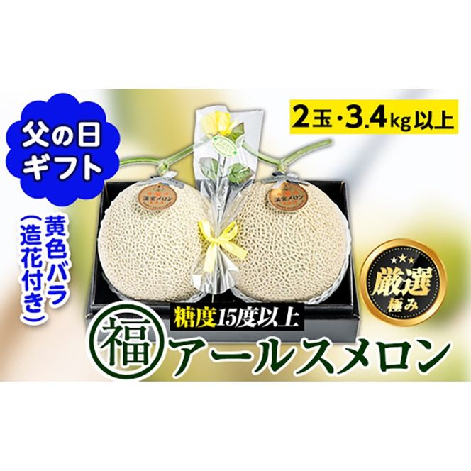 【0281115a-F】＜父の日ギフト・期間限定＞高級アールスメロン(大玉2玉・計3.4kg以上、黄色バラ付(造花)付) メロン フルーツ 果物 果実 3キロ 数量限定 期間限定 贈答 贈り物 父の日【マル福園芸組合】