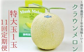 【11ヶ月定期便】クラウンメロン（白等級）特大玉　1玉入 　果物 フルーツ デザート メロン マスクメロン 青肉 高級 ギフト 贈り物 静岡県産 袋井市