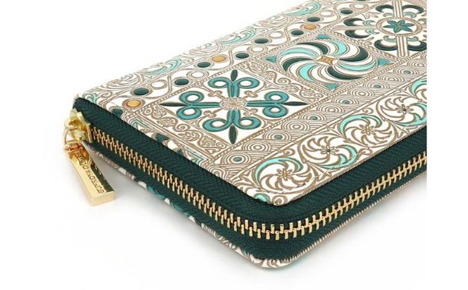 【文庫屋大関】 大容量　ぐるっとファスナーの長財布　錦紗＜緑＞【皮革工芸品】 ファッション小物 民芸品 