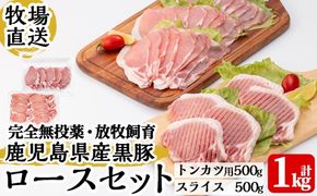 a830 《数量限定》月ノ灯牧場直送！完全無投薬・放牧の鹿児島県産黒豚ロースセット(合計1kg・トンカツ用500g・スライス500g)【pig village company】冷凍 とんかつ 豚カツ ロース カツ 豚ロース 生姜焼き 放牧飼育 セット