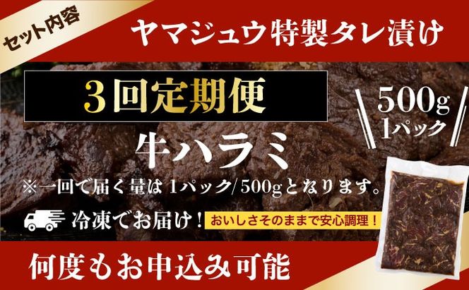 ヤマジュウの特製タレ漬け！牛ハラミ肉５００ｇ【３回定期便】_yj088