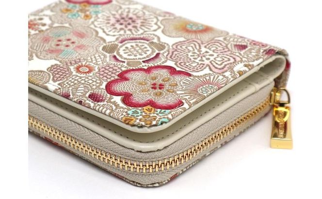 【文庫屋大関】二つ折りファスナーミニ財布 春らんまん＜茜＞【皮革工芸品】財布 二つ折り 小物 お札 カード 小銭 コンパクト 牛革 手作り 日本製 墨田区 東京都