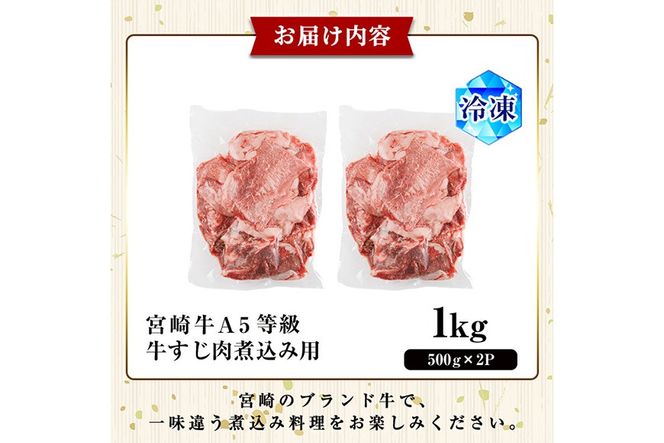 A5 等級 宮崎牛 すじ肉 煮込み用(計1kg・500g×2P) 黒毛和牛 牛スジ肉 牛 牛肉 肉 にく 牛すじ煮込み 煮込み どて煮 カレー ビーフシチュー おでん スープ 冷凍 個包装【OT-13】【KNOT合同会社】