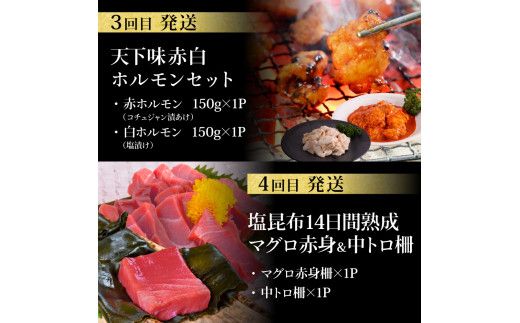 【CF-R7hbk】t130kyf-kgp-tka　コロナ支援事業者さんを救いたい5か月定期便／1回目:マグロの漬け丼、2回目:極カツオのたたき×2節・銀象ソルト+土佐にんにくぬた、3回目:赤＆白ホルモンセット、4回目:塩昆布14日間熟成マグロ赤身＆中トロセット、5回目:「西岡うなぎ」蒲焼き2尾セット～並～