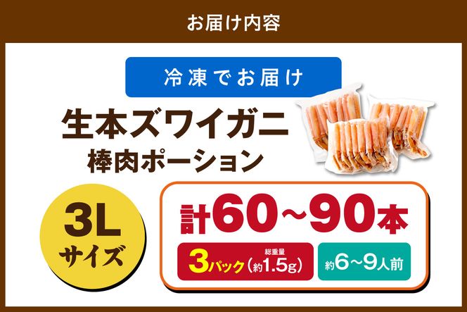 鮮度良し！お刺身でも食べられる！生本ズワイガニ棒肉ポーション　3パック ふるさと納税 カニ ポーション 生ズワイ カニ刺身 かにしゃぶ ズワイガニ　YK00718