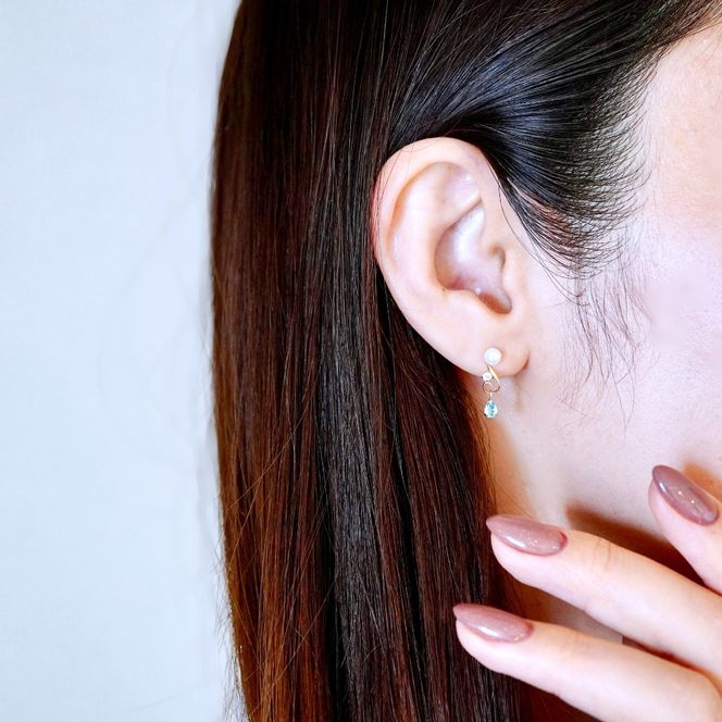 K10YG(10金) イエローゴールド ブルートパーズ パール ピアス 揺れる 保証書付 2066 242-051-c