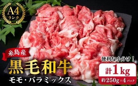 [250gの小分けパック]黒毛和牛 切り落とし 250g×4P 計1kg もも バラ ミックス A4ランク 糸島 [糸島ミートデリ工房] [ACA031] 牛肉 和牛 小分 250 牛丼 すき焼き 焼肉 BBQ 赤身 国産 福岡