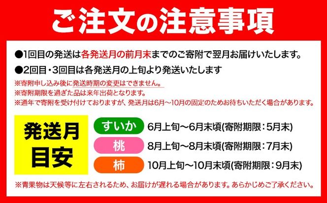 【発送月固定定期便】フルーツセット 果物セット(すいか 桃 ひらたねなし柿)【全３回】 魚鶴商店《6月中旬-11月上旬頃出荷》 和歌山県 日高川町 すいか 小玉すいか ひとりじめ 桃 平核無柿 柿 化粧箱入 ギフト 果物 フルーツ 旬 送料無料 定期便---wshg_uot111tei_26_36000_6810y3---