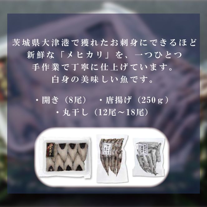 地魚「メヒカリ」食べ比べセット【めひかり 魚 開き 丸干し 唐揚げ 詰め合わせ おかず おつまみ グルメ 茨城県 北茨城市】(AJ202)