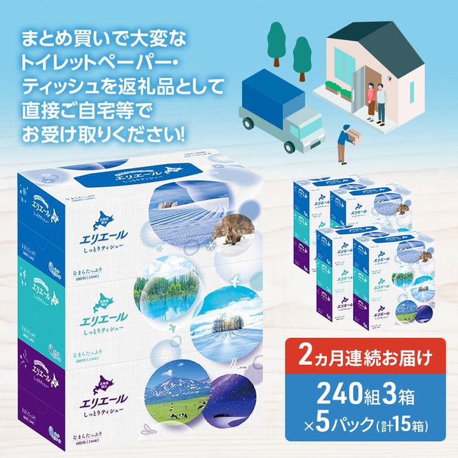 定期便 2ヵ月連続お届け エリエール ハーフサイズ 収納に便利 コンパクト 【少量5パック】 北海道 しっとりティシュー なまらたっぷり 240組3箱 5パック 計15箱 ボックスティシュー ふるさと納税限定デザイン