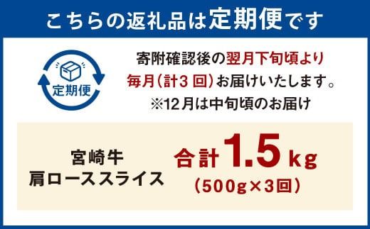 【3ヶ月定期便】＜宮崎牛肩ローススライス 500g（1パック：500g×3回）＞ お申込みの翌月下旬頃に第一回目発送（12月は中旬頃） 牛肉 お肉 肉 和牛 新生活応援 卒業祝い 就職祝い 入学 卒業 お花見 引越し【c1368_mc_x2】