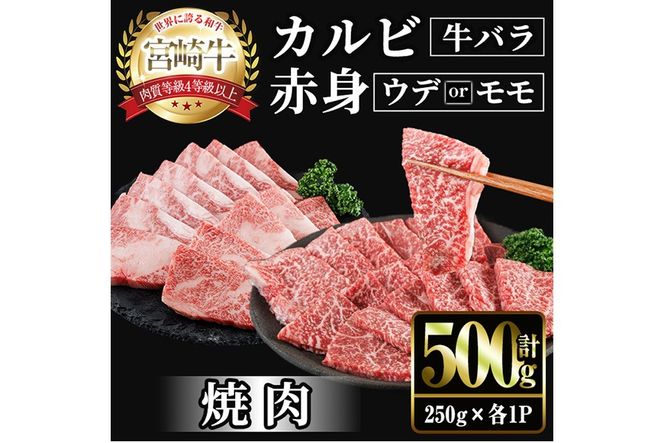 宮崎牛 赤身＆カルビカット 焼肉 (合計500g・250g×2) 焼肉 お肉 牛肉 黒毛和牛 宮崎牛 ブランド和牛 冷凍 国産 カルビ 赤身 宮崎県産 【YM-41】【YAMATO株式会社】