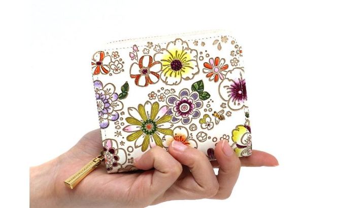 【文庫屋大関】二つ折りファスナーミニ財布 みつばち【皮革工芸品】財布 二つ折り 小物 お札 カード 小銭 コンパクト 牛革 手作り 日本製 墨田区 東京都