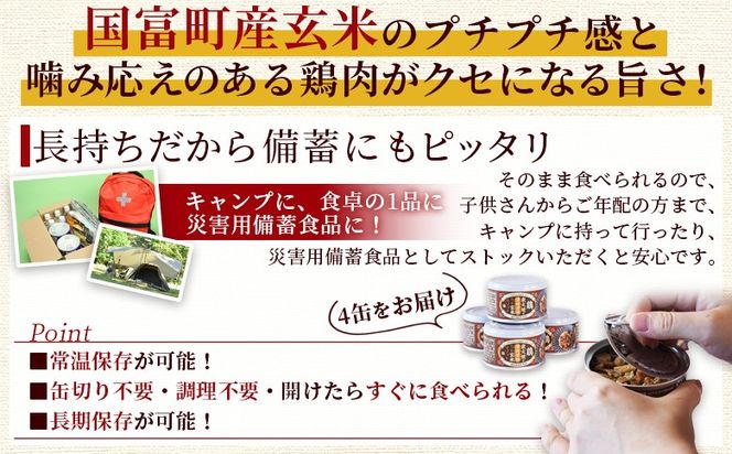 ＜鶏の炭火焼きがゴロゴロ入った玄米リゾット4缶セット（155g×4個）＞準備でき次第翌々月までに順次発送【 国富町産 玄米 炭火焼き レトルト食品 簡単調理 常温保存 宮崎の味 ご当地グルメ 本格炭火焼き ジューシー鶏肉 便利レトルト 長期保存可能 鶏肉料理 煙の香り 焼き鳥風味 直火焼き 宮崎の名産品 ラザニア 中国粥 お茶漬け キャンプ アウトドア 】【b0849_hi】