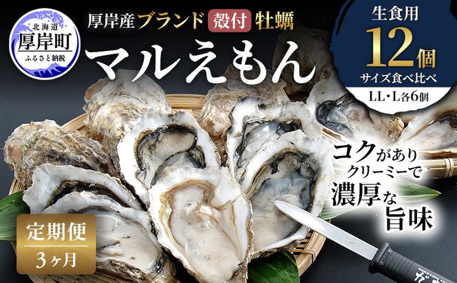 【 3ヵ月 定期便 】 厚岸産 ブランド 殻付カキ マルえもん 生食用 サイズ食べ比べ 12個 (LL・L各6個)[ 魚貝類 生牡蠣 かき 牡蠣 カキ 生ガキ 食べ比べ ]