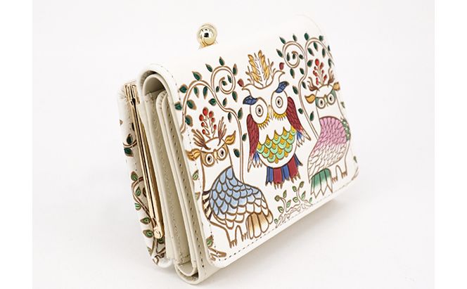 【文庫屋大関】三つ折りミニ財布　ふくろう【皮革工芸品】 ファッション 小物 民芸品 お札 カード 小銭 手のひらサイズ コンパクト 福来朗 福老 商売繁盛 牛革 手作り 国産 