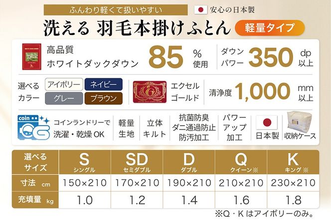 【冬用】洗える 羽毛布団 本掛け 軽量 ダブル ホワイトダックダウン85% 1.4kg 無地 グレー 冬用 [川村羽毛 山梨県 韮崎市 20745437] マンションタイプ 軽い コインランドリー  掛け布団 ダウンかけ布団 ふとん 羽毛ふとん 本掛け布団 4つ星 エクセルゴールドラベル
