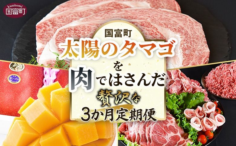 [太陽のタマゴを肉ではさんだ贅沢な3か月定期便]2025年4月から順次出荷[ 定期便 宮崎牛 黒毛和牛 ロースステーキ ロース 太陽のタマゴ マンゴー 完熟マンゴー 豚肉 セット 豚ロース 肩ローススライス モモスライス 切り落とし ミンチ 精肉 ][b0914_co]