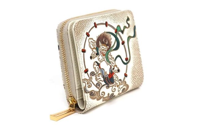 【文庫屋大関】二つ折りファスナーミニ財布 風神雷神【皮革工芸品】財布 二つ折り 小物 お札 カード 小銭 コンパクト 牛革 手作り 日本製 墨田区 東京都