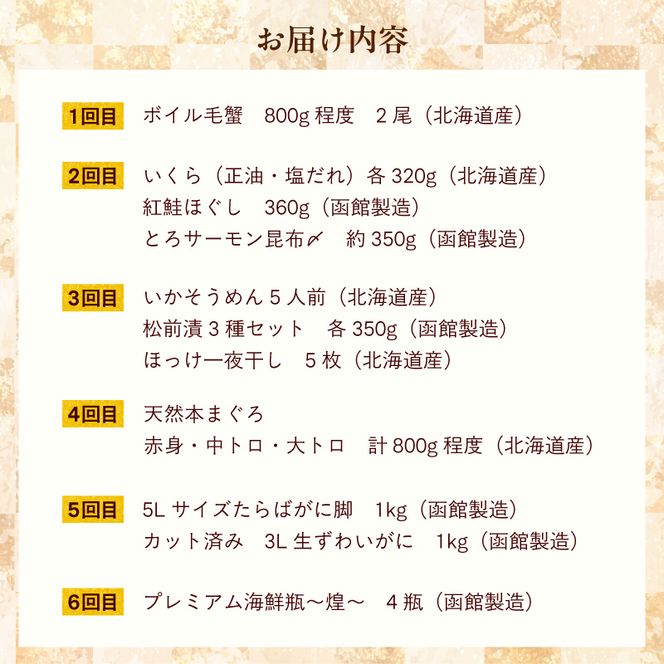 はこだて 海の幸 定期便 50万円 全6回 厳選 海の恵み 毛がに 本まぐろ たらばがに いくら 紅鮭ほぐし とろサーモン 昆布〆 いかそうめん 生ずわいがに かに 松前漬 プレミアム 海鮮瓶 鮮度抜群 海産物 月替り 堪能 お取り寄せ 50万 北海道 函館市 送料無料_HS001-006