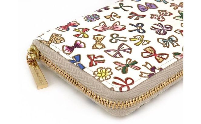 【文庫屋大関】 大容量　ぐるっとファスナーの長財布　プチリボン【皮革工芸品】 ファッション小物 民芸品 