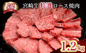 【新鮮チルド発送!!】A5等級宮崎牛特選ロース焼肉 1.2kg（黒毛和牛 牛肉 宮崎牛 ロース 霜降り 赤身 焼肉用 宮崎県）