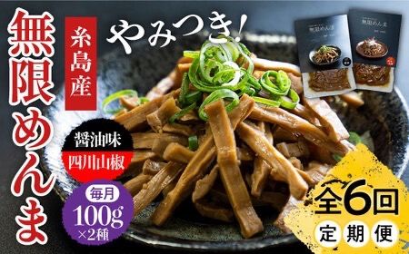 【全6回定期便】【国産】 無限 めんま 100g × 2種 食べ比べ セット ( 醤油味 / 四川山椒味 ) メンマ 糸島市 / レストランITOSHIMA by Salute [AWJ009]