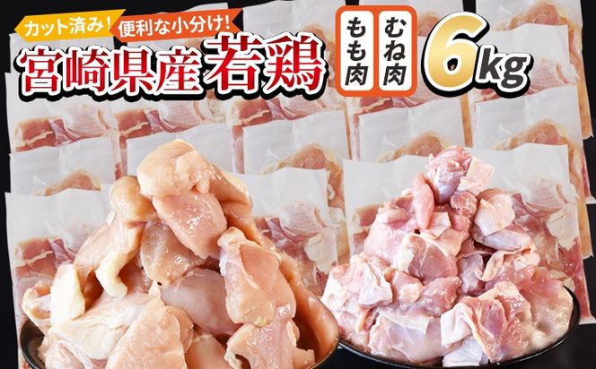 ＜宮崎県産若鶏切身 6kg（むね肉 300g×10袋 もも肉 300g×10袋）＞ 3か月以内に順次出荷 【 セット 詰め合わせ からあげ 唐揚げ カレー シチュー BBQ 煮物 チキン南蛮 小分け おかず おつまみ お弁当 惣菜 時短 炒め物 簡単料理 】【b0796_it】