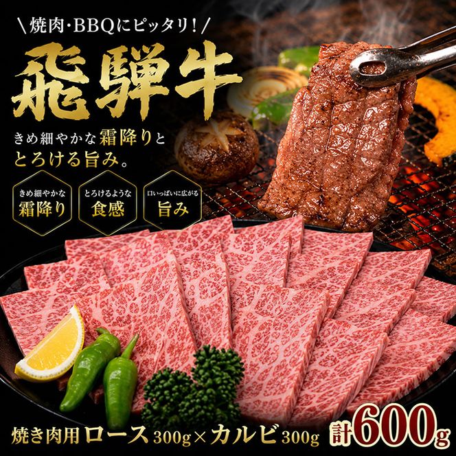 ふるさと納税　飛騨牛 ロース＆カルビ 焼肉 セット  計600g A5 和牛 牛肉 お肉 ロース カルビ 食べ比べ 焼肉用 バーベキュー BBQ 