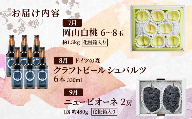 定期便 2026年 先行予約 是里ワイナリーの人気商品と岡山の人気果物 満喫 6回コース 桃 白桃 ビール ぶどう ピオーネ シャインマスカット ドイツの森 ソーセージ 梨 赤磐市