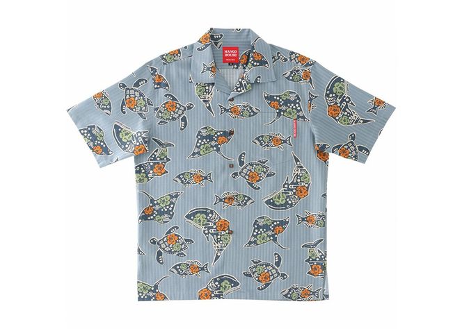 【かりゆしウェア】メンズ ちゅらさんジンベエザメ3Lサイズ×ブルーグレー